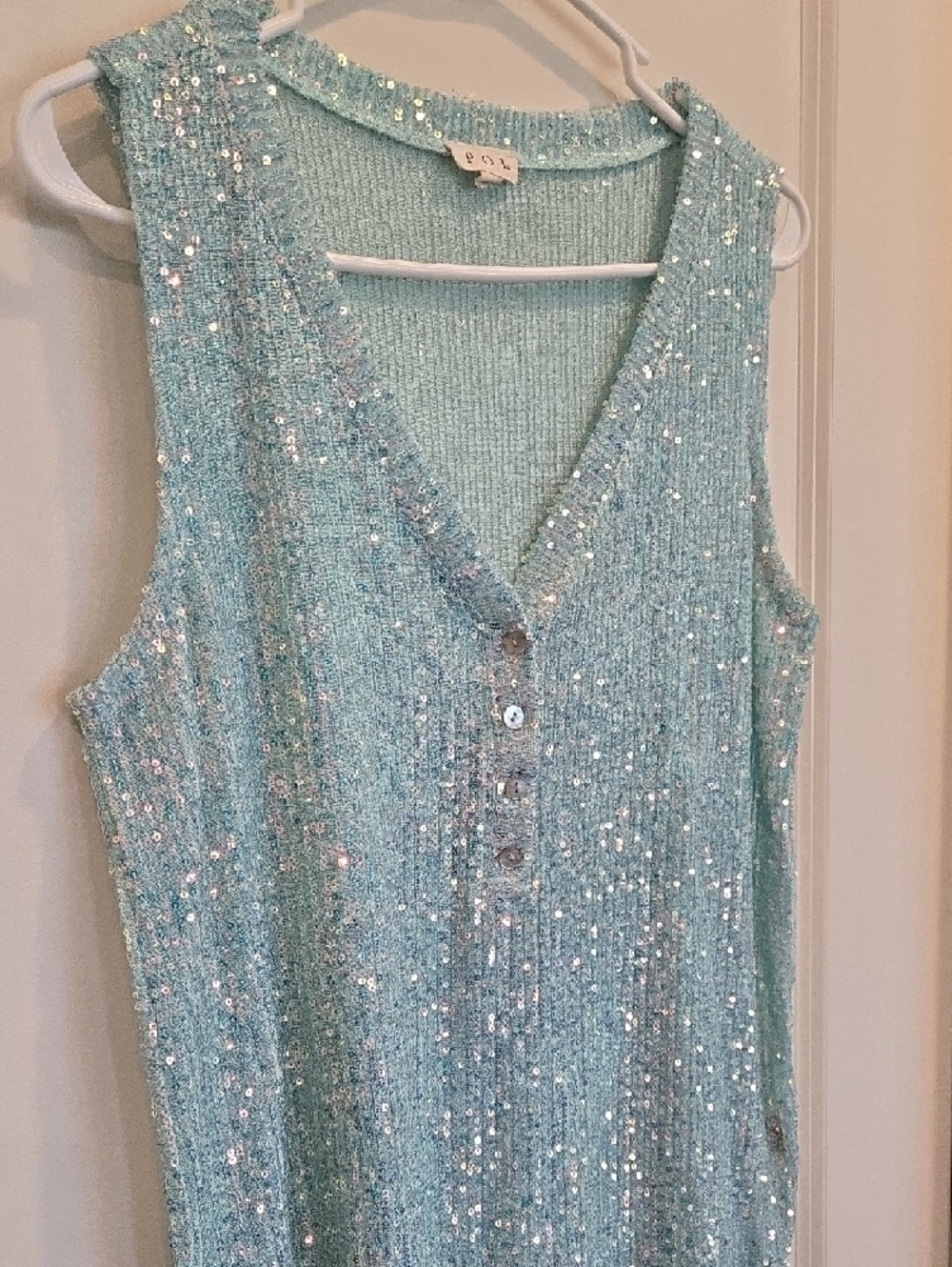 POL Sequin Knit V-Neck Sleeveless Top - Aqua - Picture 2 of 4
